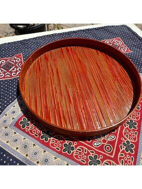 Japanese Vintage Lacquered Faux Wood Grain Round Circle Tray